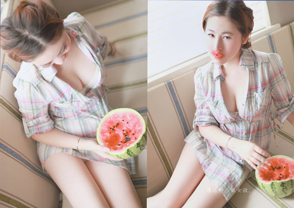 好吃西瓜的白嫩酥胸小美眉