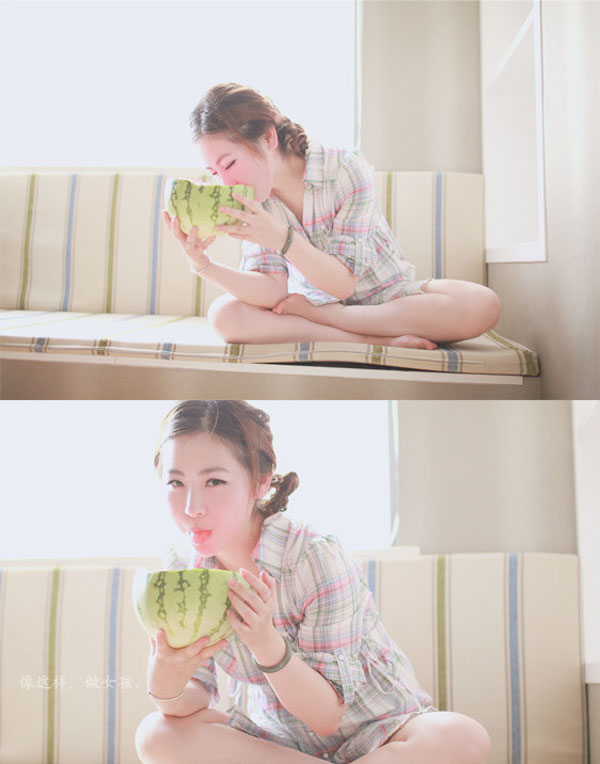 好吃西瓜的白嫩酥胸小美眉